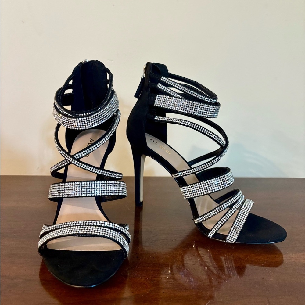 Aldo Black Strap Heels with Rhinestones